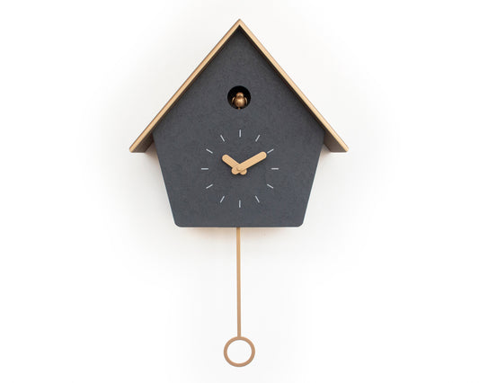 Handmade Concrete Coated Cuckoo Clock – Anthracite with Brass Accents