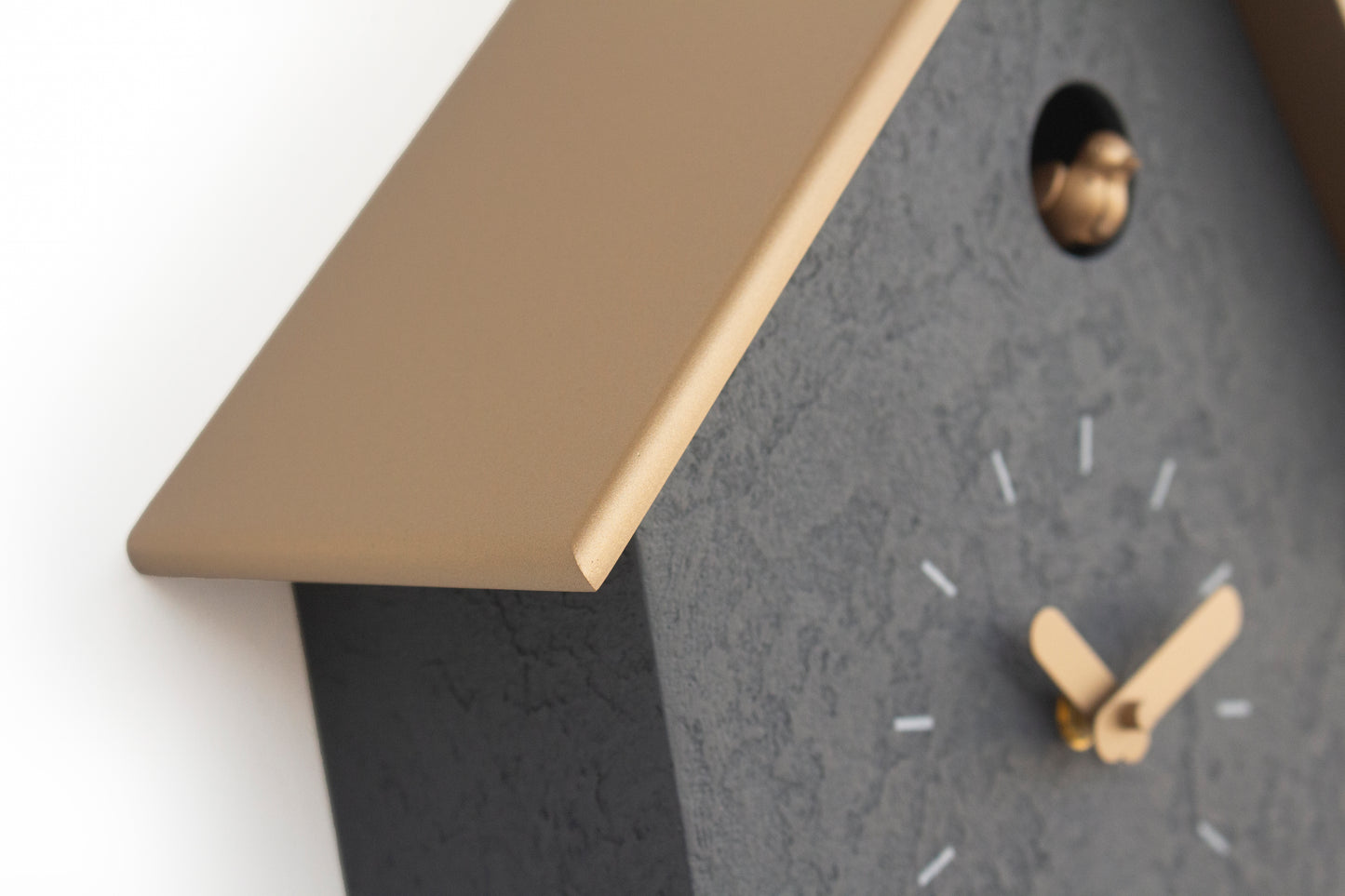 Handmade Concrete Coated Cuckoo Clock – Anthracite with Brass Accents