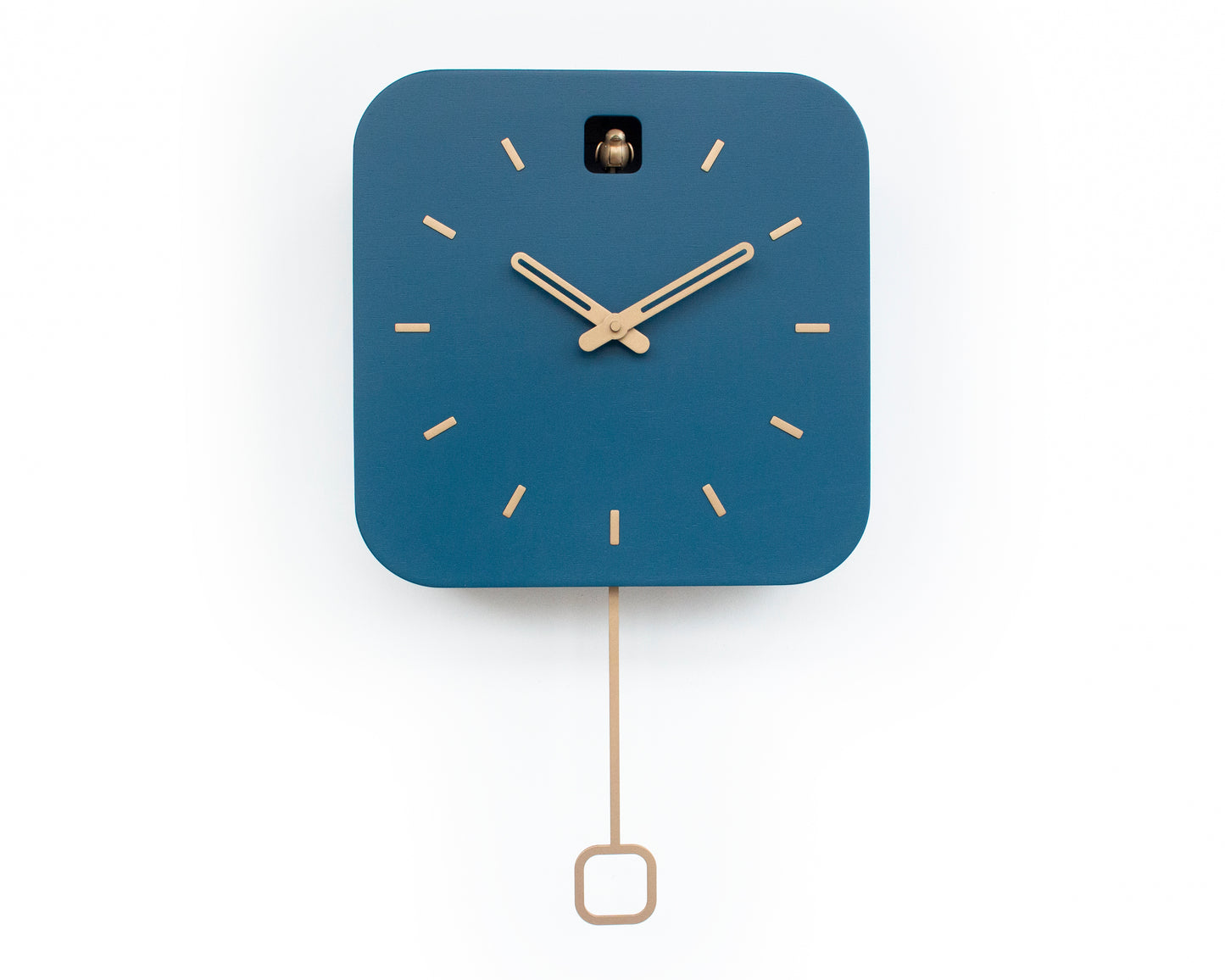 Minimalist Cuckoo Clock, Fresco Blue Wall Clock with Brass Details, Modern Home Décor