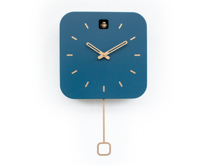 Minimalist Cuckoo Clock, Fresco Blue Wall Clock with Brass Details, Modern Home Décor