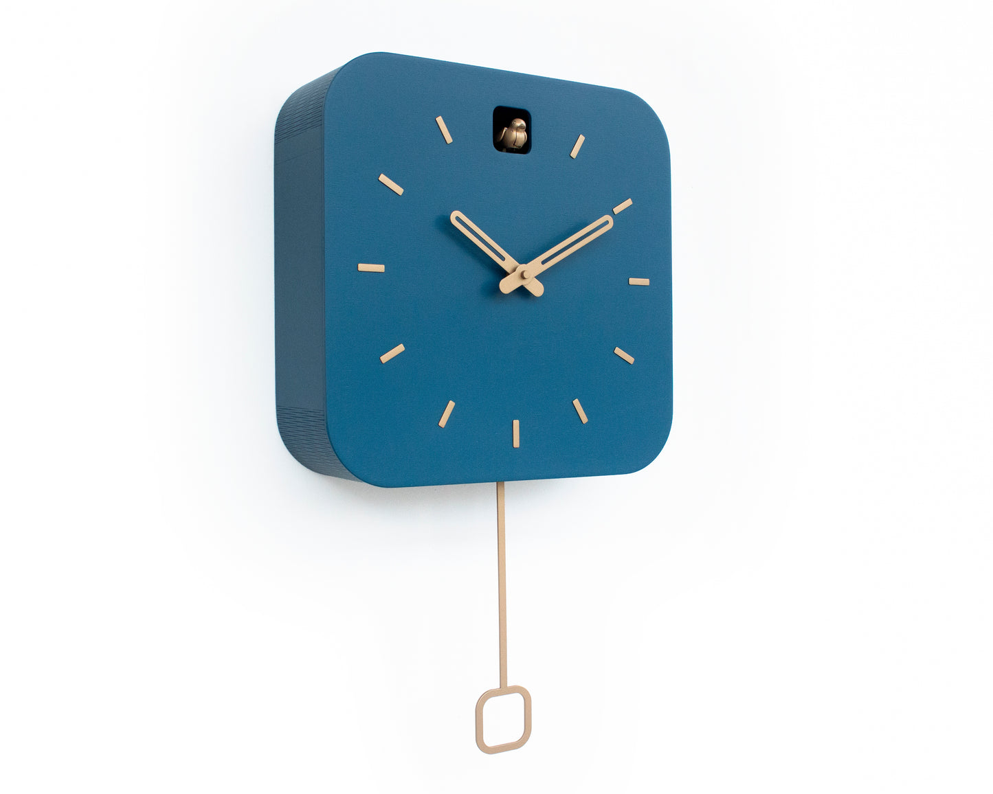 Minimalist Cuckoo Clock, Fresco Blue Wall Clock with Brass Details, Modern Home Décor