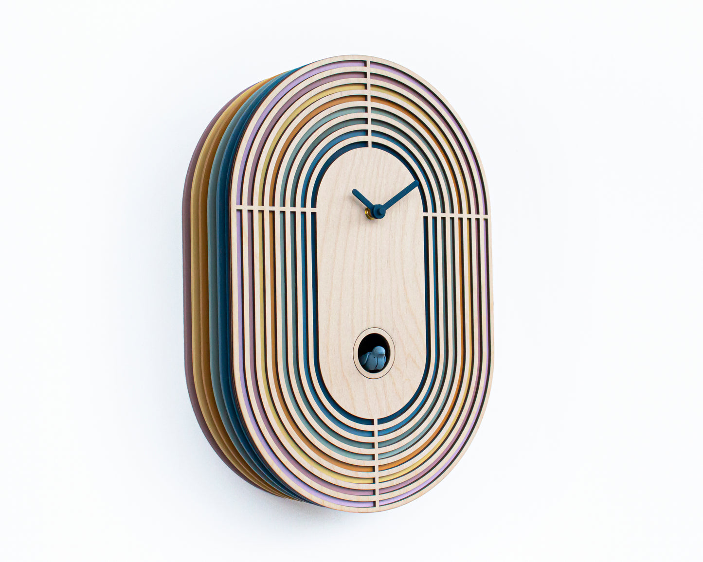Modern Layered Cuckoo Clock, Oval Wooden Wall Decor, Scandinavian Design