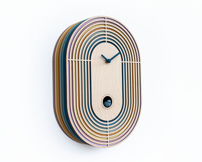 Modern Layered Cuckoo Clock, Oval Wooden Wall Decor, Scandinavian Design