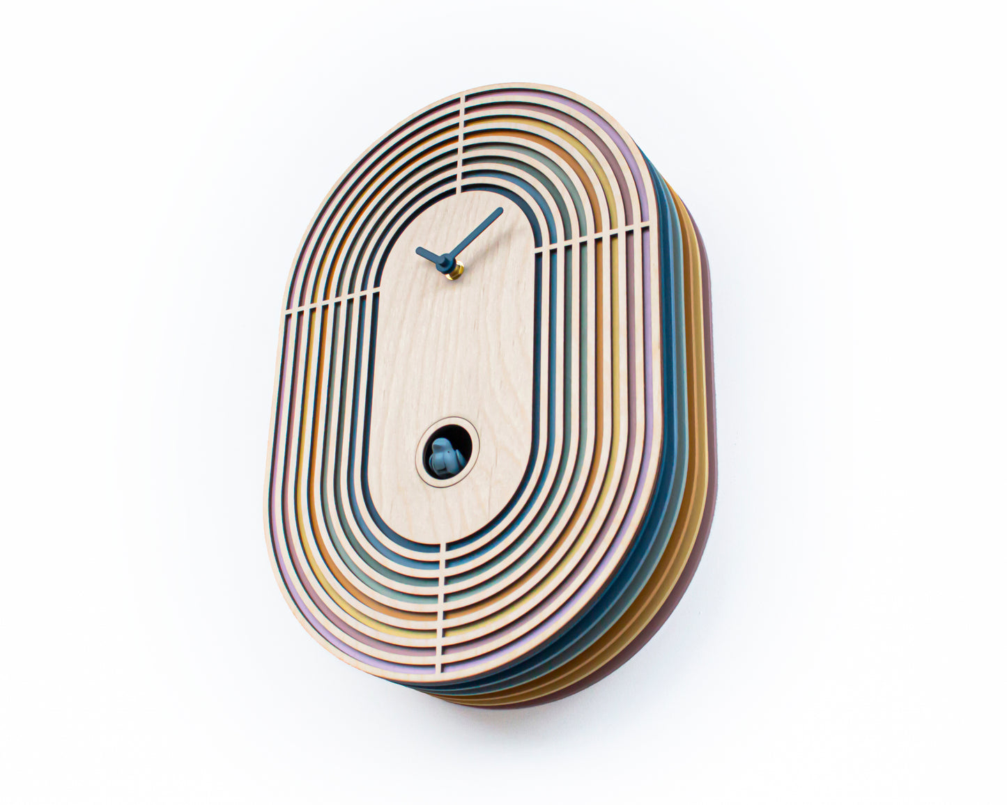Modern Layered Cuckoo Clock, Oval Wooden Wall Decor, Scandinavian Design