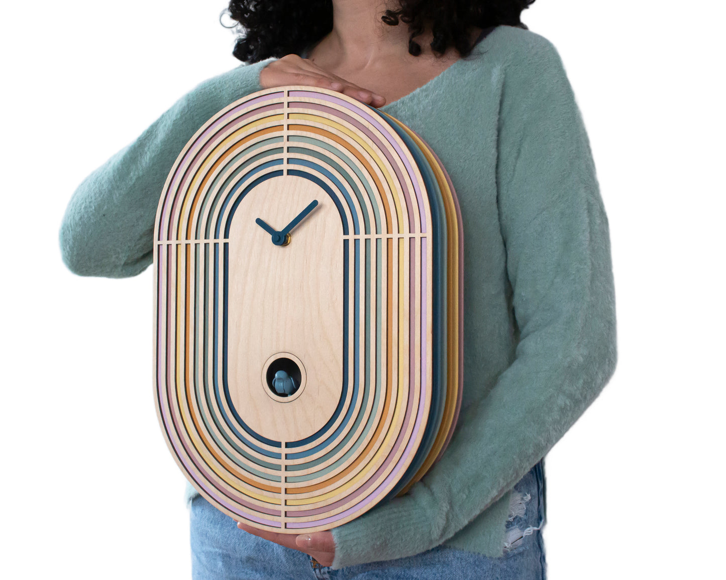 Modern Layered Cuckoo Clock, Oval Wooden Wall Decor, Scandinavian Design