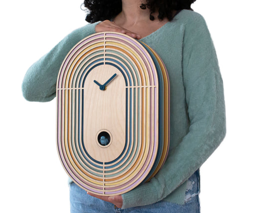 Modern Layered Cuckoo Clock, Oval Wooden Wall Decor, Scandinavian Design