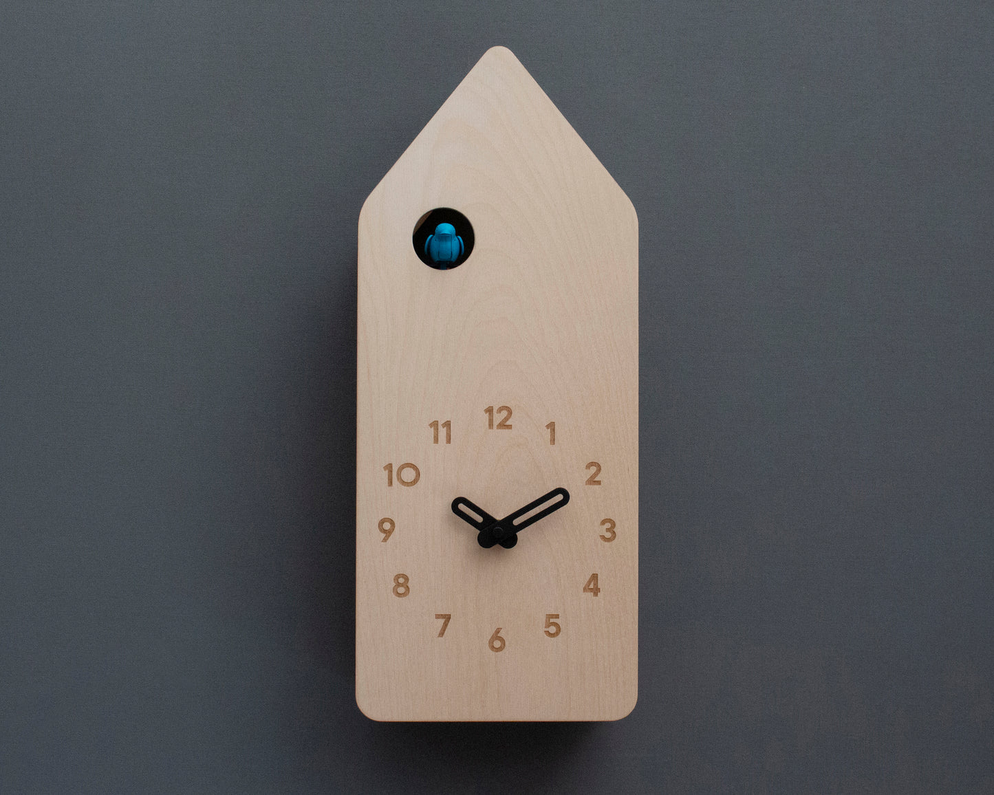 Minimal Wooden Wall Clock – House Shape Birch Design with Custom Colors
