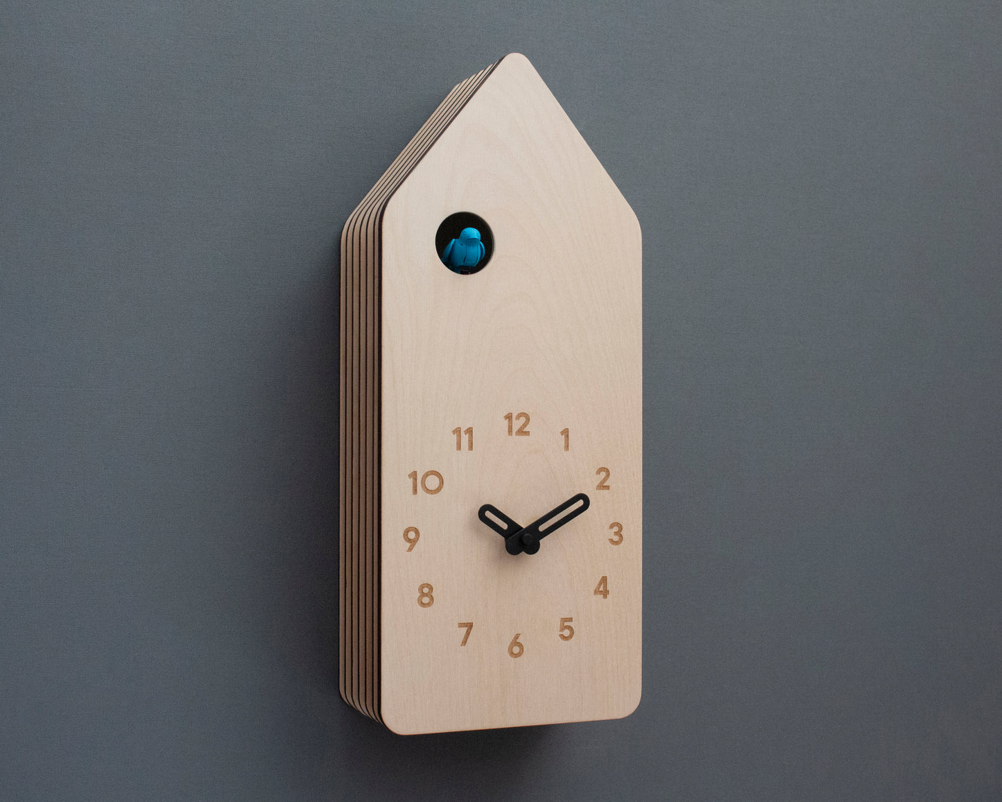 Minimal Wooden Wall Clock – House Shape Birch Design with Custom Colors