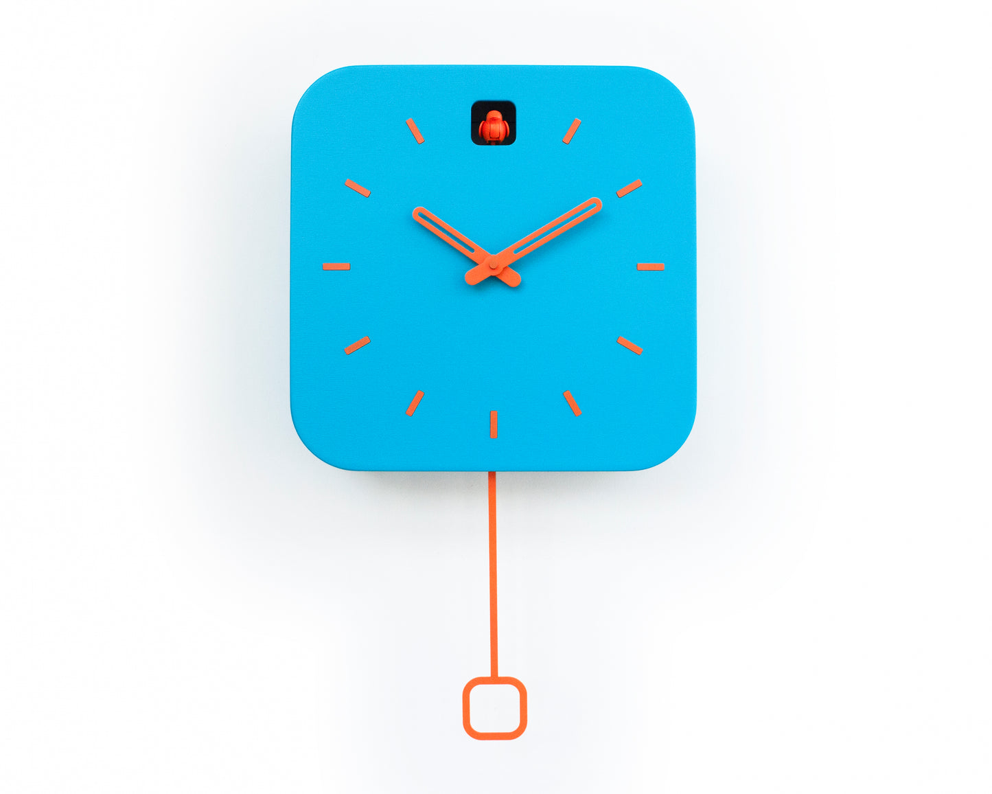 Bright Turquoise Cuckoo Clock with Orange Details, Playful Modern Home Decor