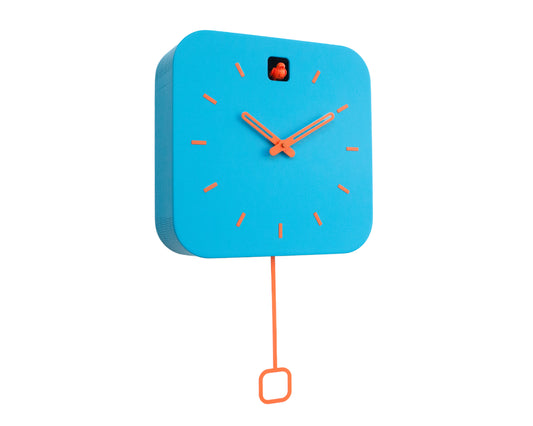 Bright Turquoise Cuckoo Clock with Orange Details, Playful Modern Home Decor