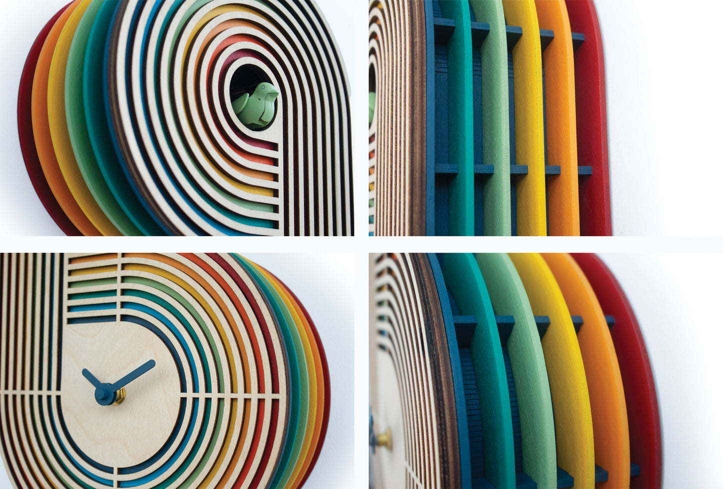 Colorful Cuckoo Clock, Layered Wood Wall Decor, Contemporary Design