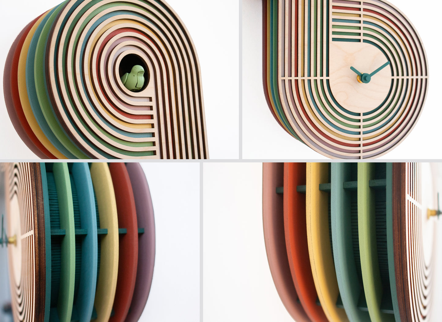 Modern Layered Cuckoo Clock, Colorful Wooden Wall Decor, Sculptural Design